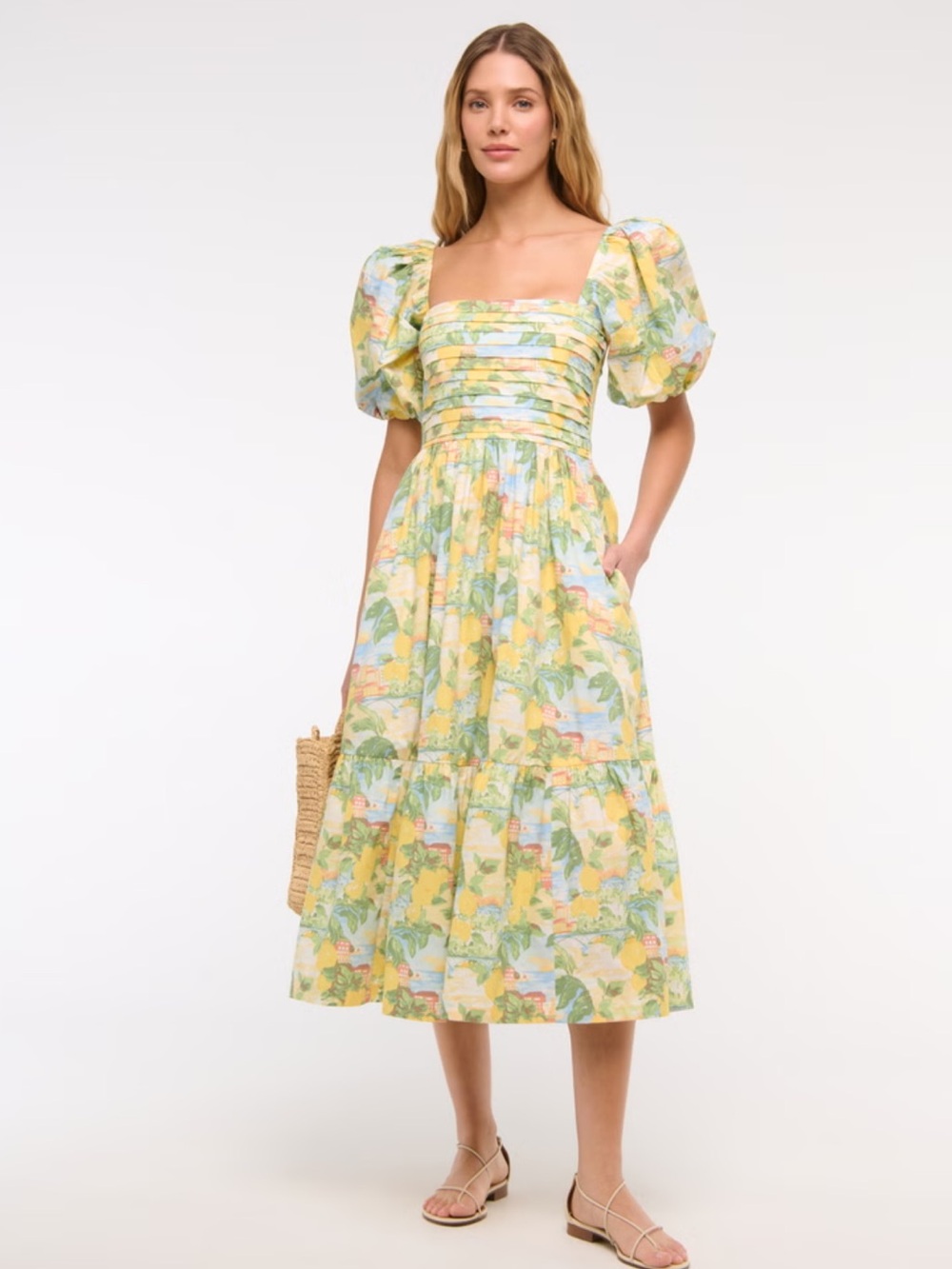 Abercrombie & Fitch Yellow Floral Emerson Puff Sleeve Midi Dress